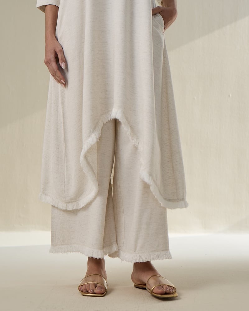 Natural Linen V-Neck Co-ord Set with Wide-Leg Pants
