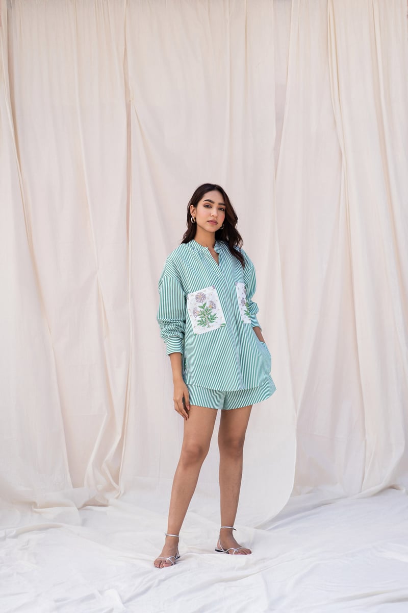 Green and White Striped Oversized Shirt with Embroidered Pockets