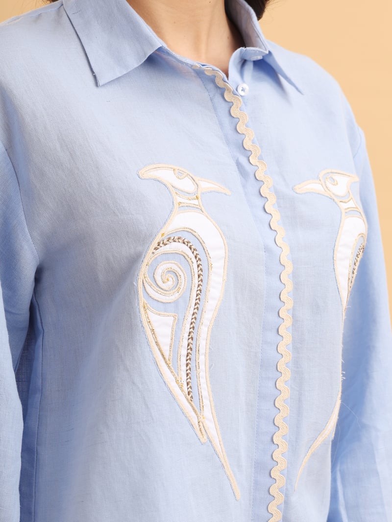 Ice Blue Cotton Linen Appliqué Button-Down Shirt