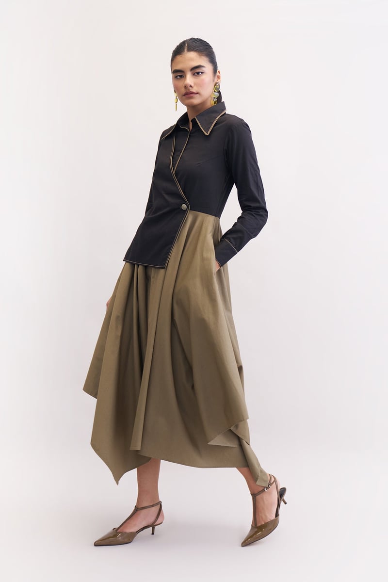 Black and Mushroom Fit and Flare Midi Dress