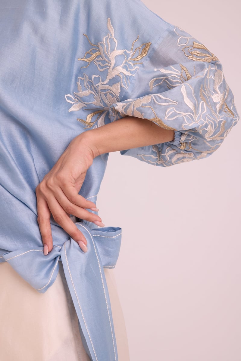 Blue Chanderi Silk Tie-Up Top with Embroidered Sleeves