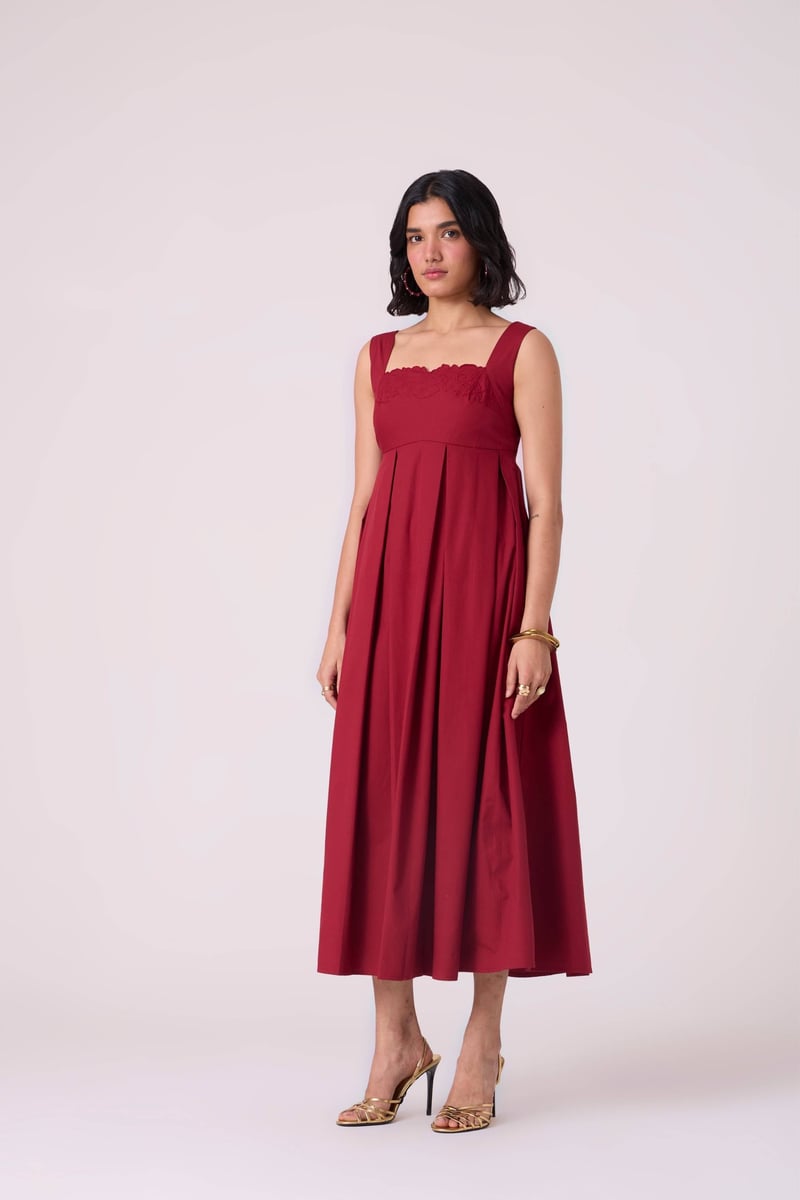 Wine Red Embroidered Neckline Fit and Flare Midi Dress