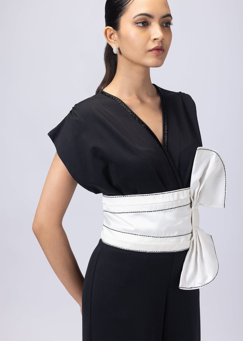Black V-Neck Jumpsuit with Detachable White Bow Belt