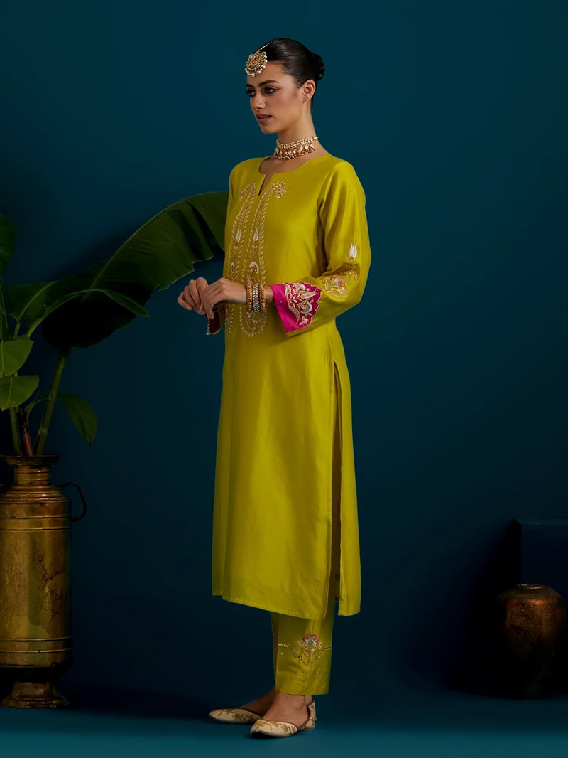 Lime Green Embroidered Yoke Kurta Set with Pants