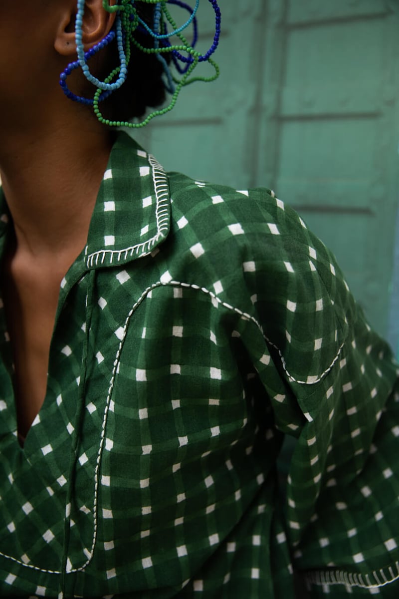 Green Checked Cotton Blouse with Tie-Up Collar