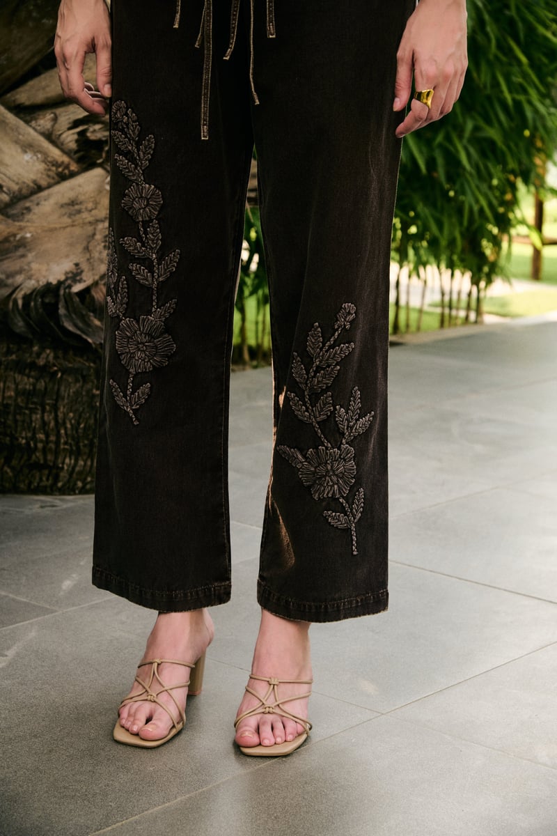 Brown Denim Embroidered Co-ord Set with Tie-Up Top