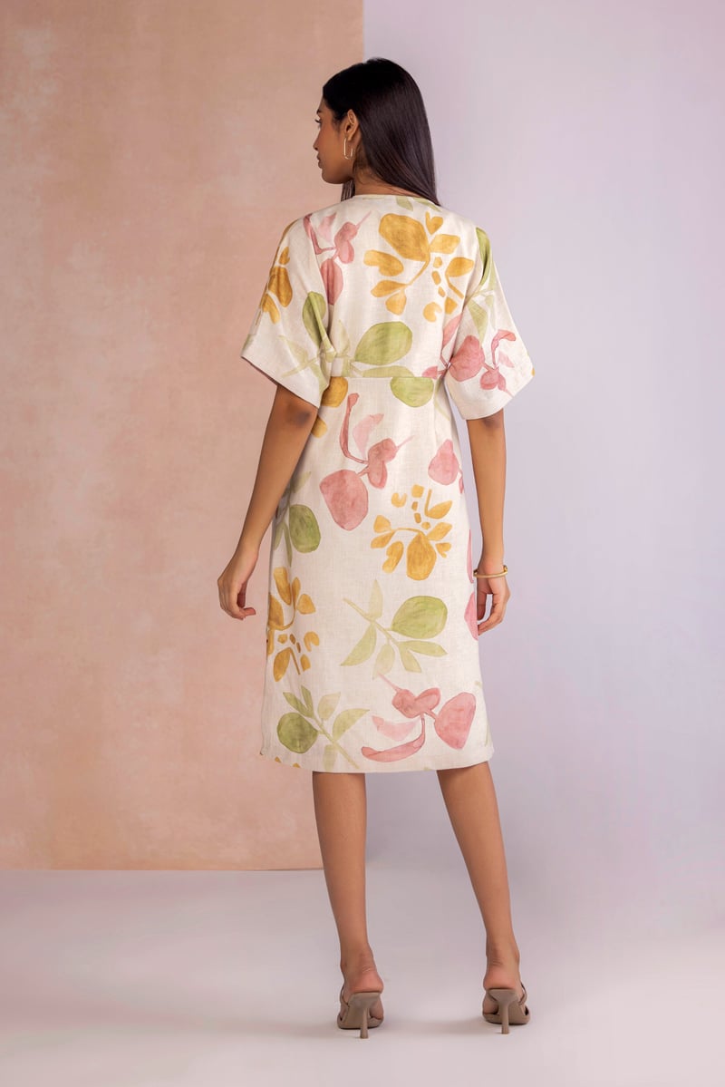 Sahara Watercolor Floral Linen-Blend Cinch Dress