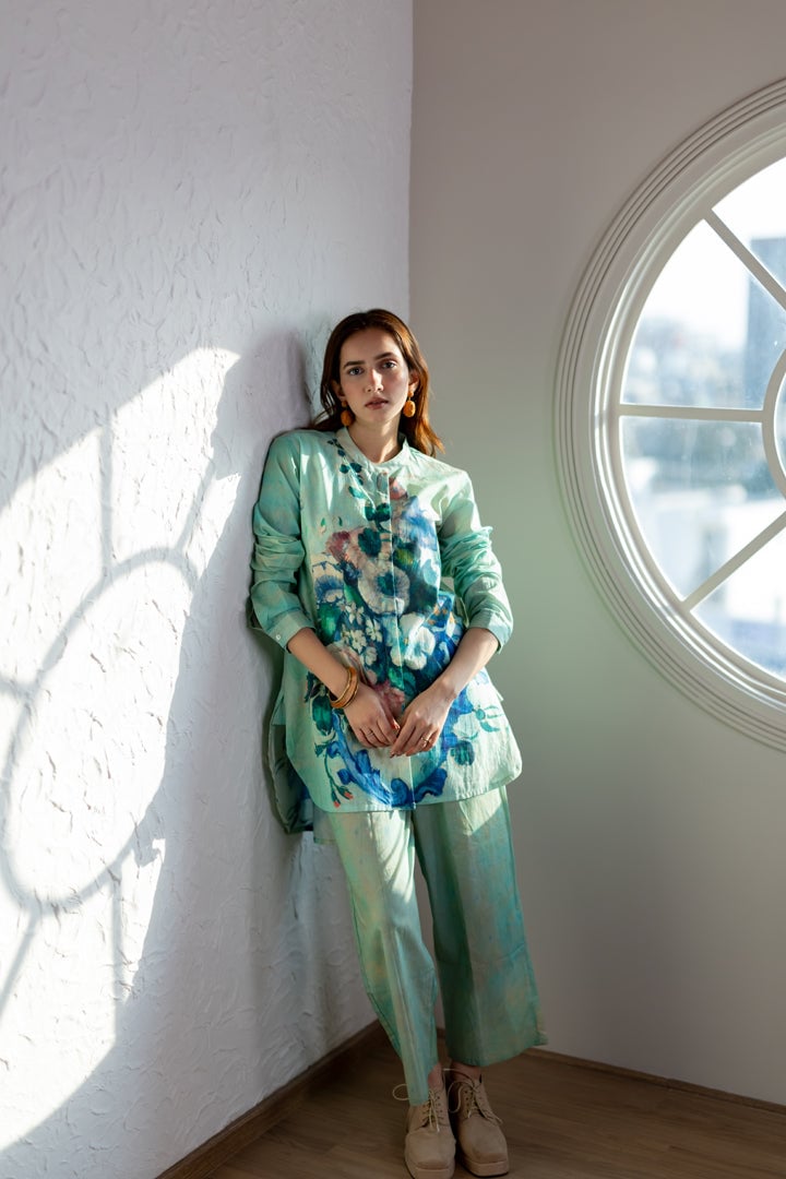 Aqua Green Printed Shirt and Pant Co-ord Set
