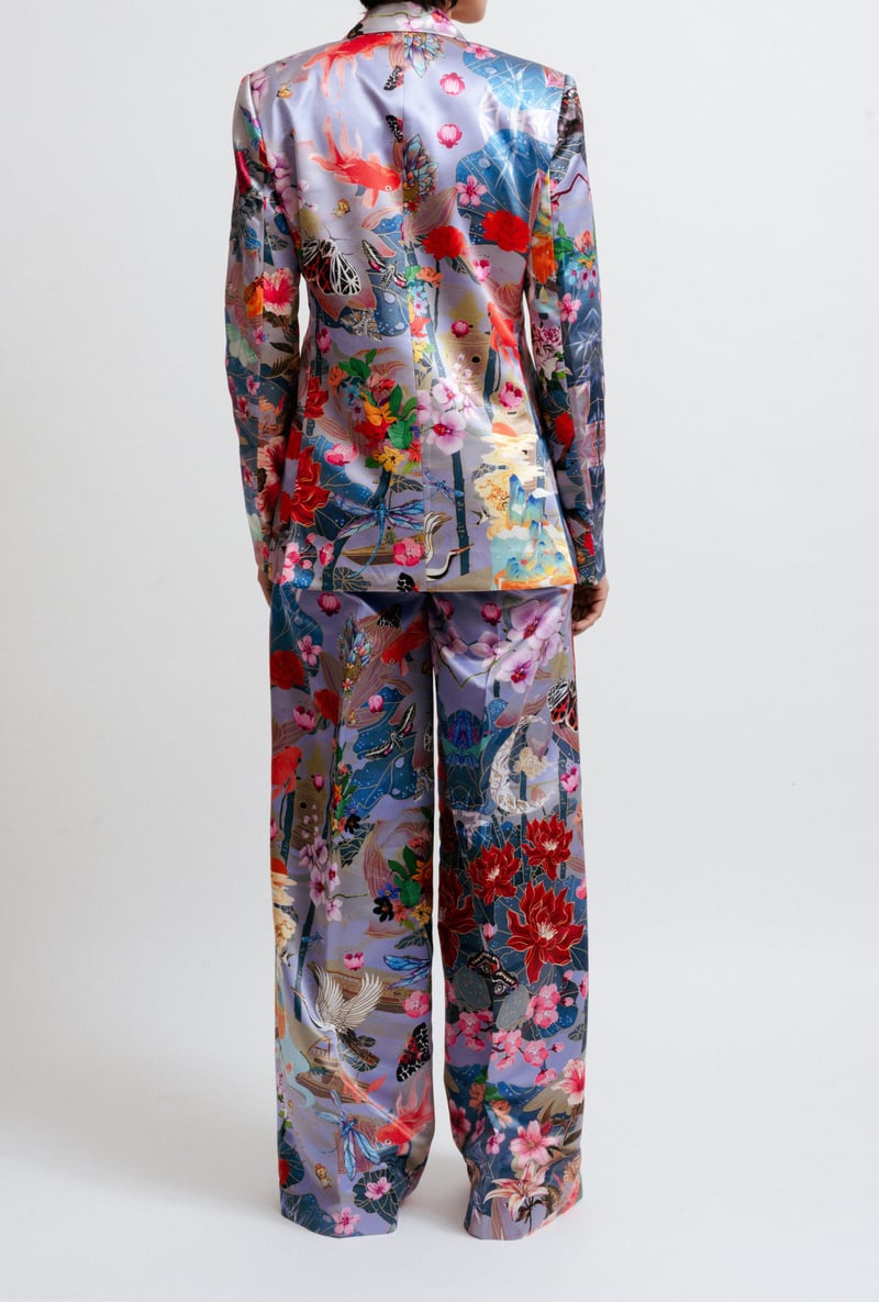 Multicolor Digital Print Wide-Leg Satin Trousers