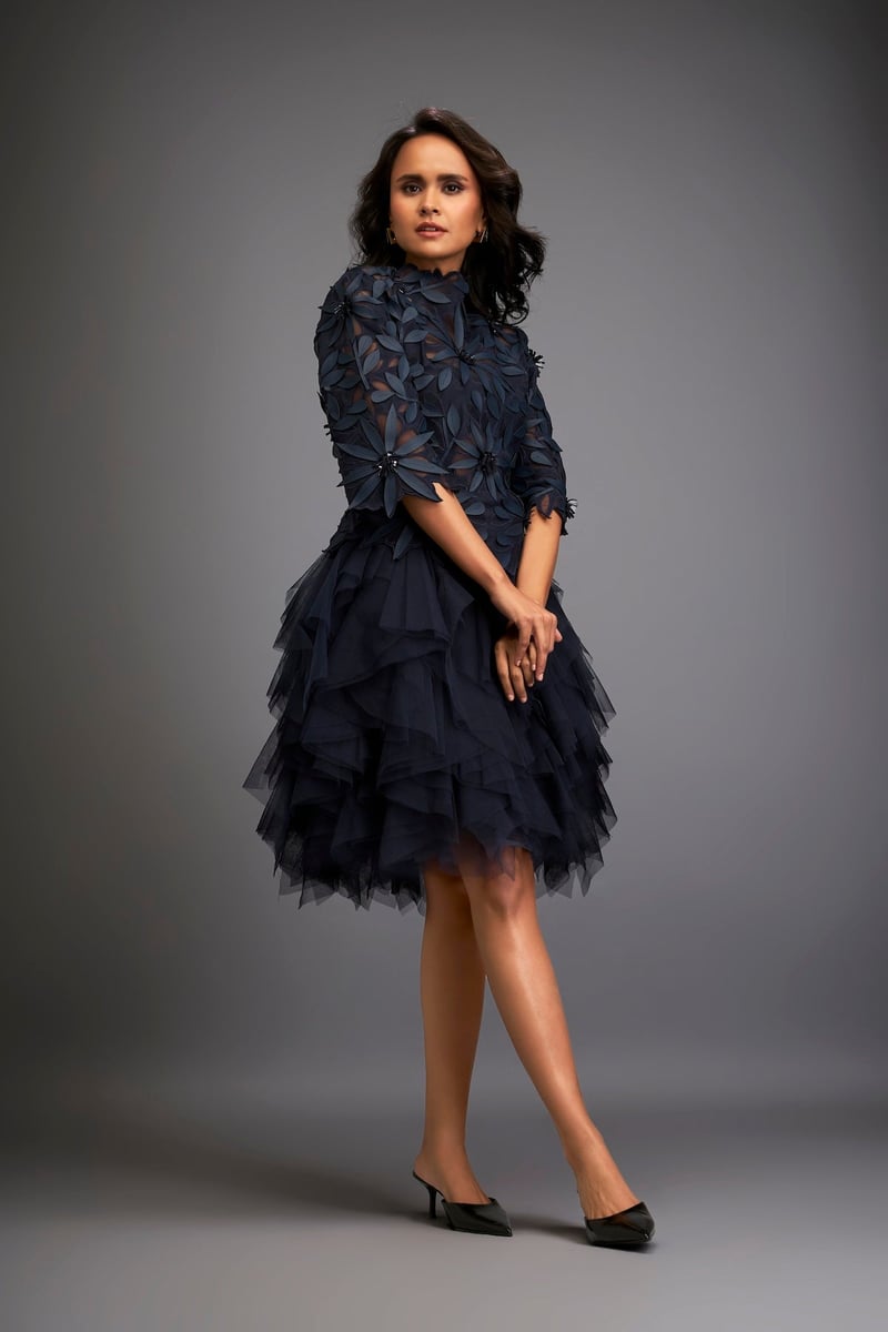 Navy Blue Floral Applique Fit and Flare Knee-Length Dress