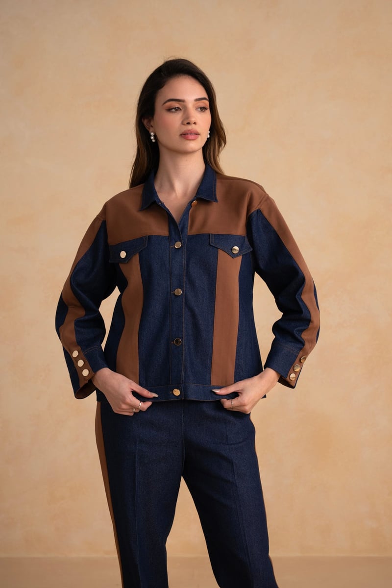 Indigo Denim and Tan Suede Colorblock Co-ord Set