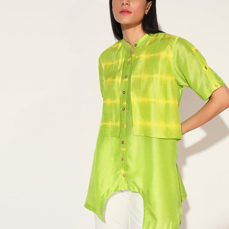Lime Green Longline Mandarin Collar Button-Down Shirt