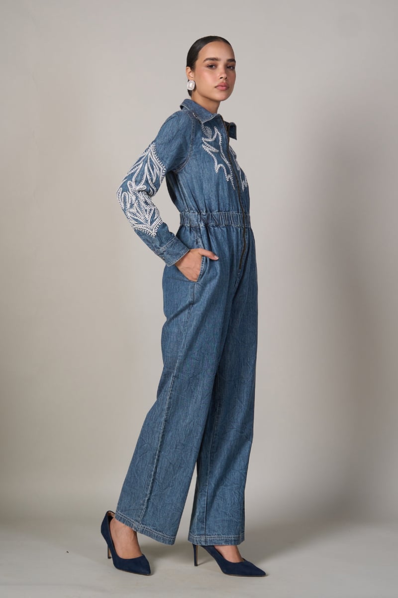 Blue Denim Zip-Front Embroidered Jumpsuit
