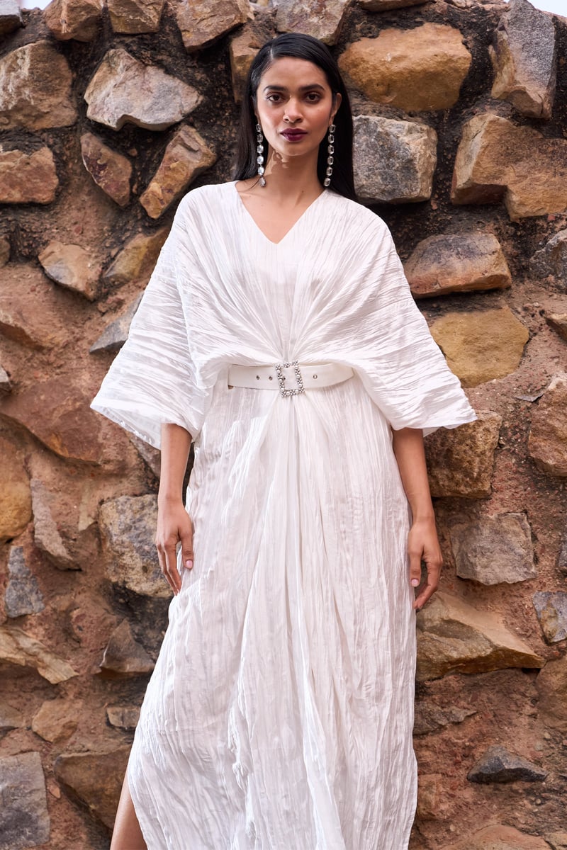 Ivory Crushed Satin Maxi Kaftan Dress with Belt
