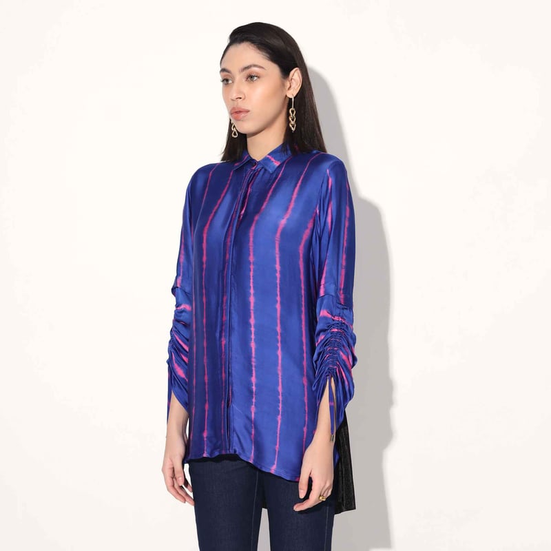 Pink/Purple Shibori Striped Satin Longline Shirt