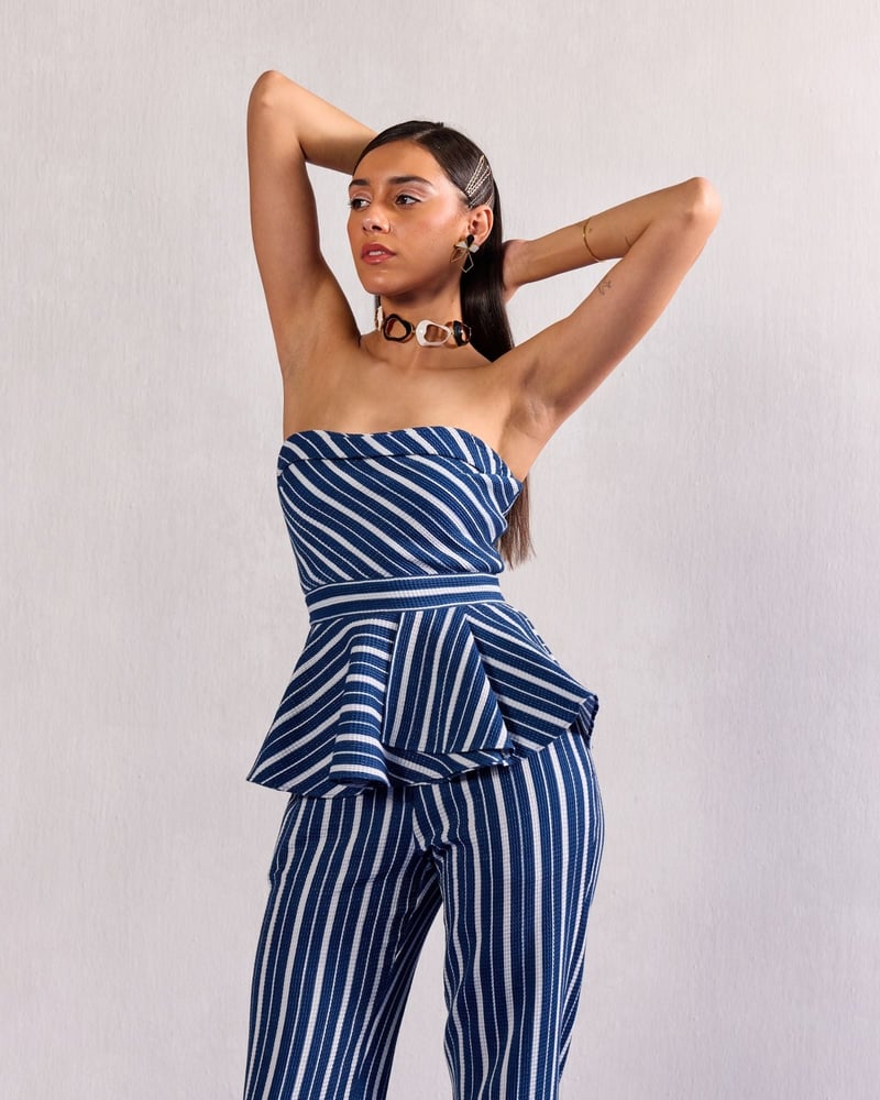 Blue/White Striped Bandeau Peplum Top and Pant Set