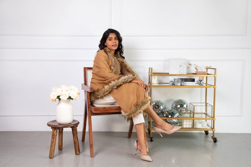 Ochre Wool Stole with Faux-Fur Border Trim