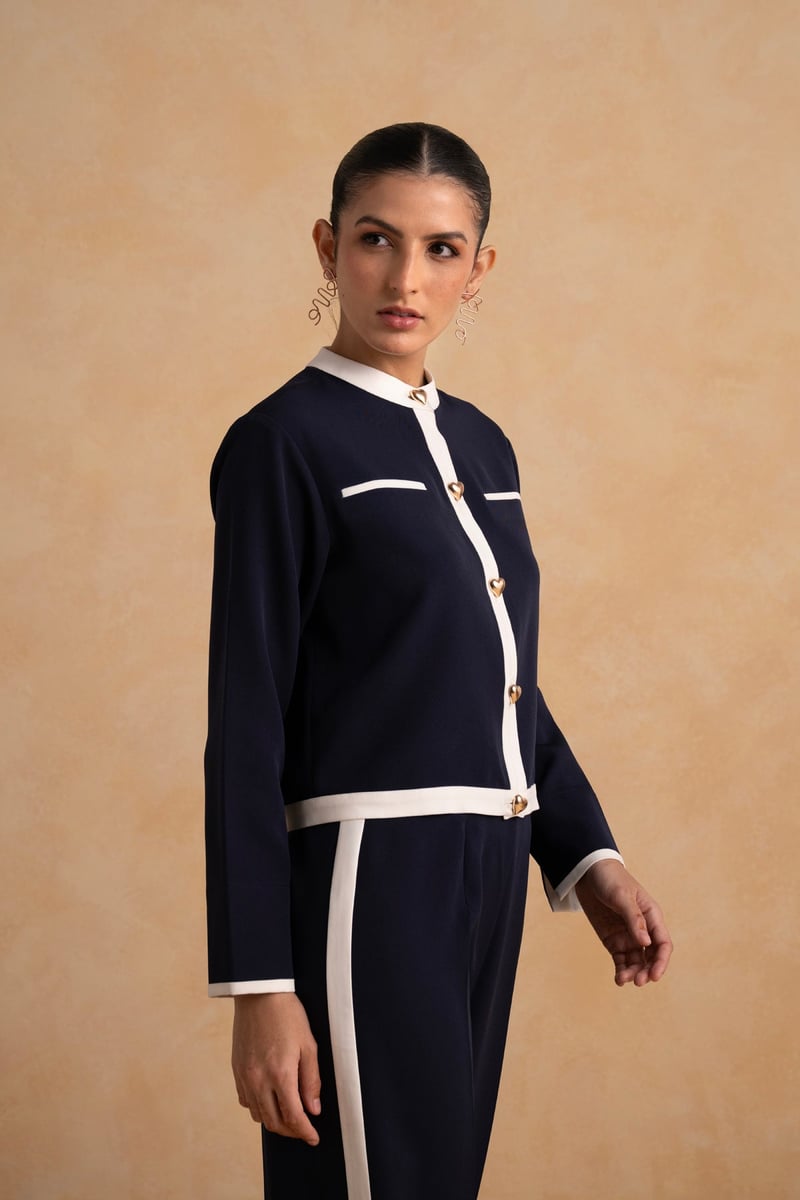 Navy Blue Contrast Trim Co-ord Set with Wide-Leg Pants