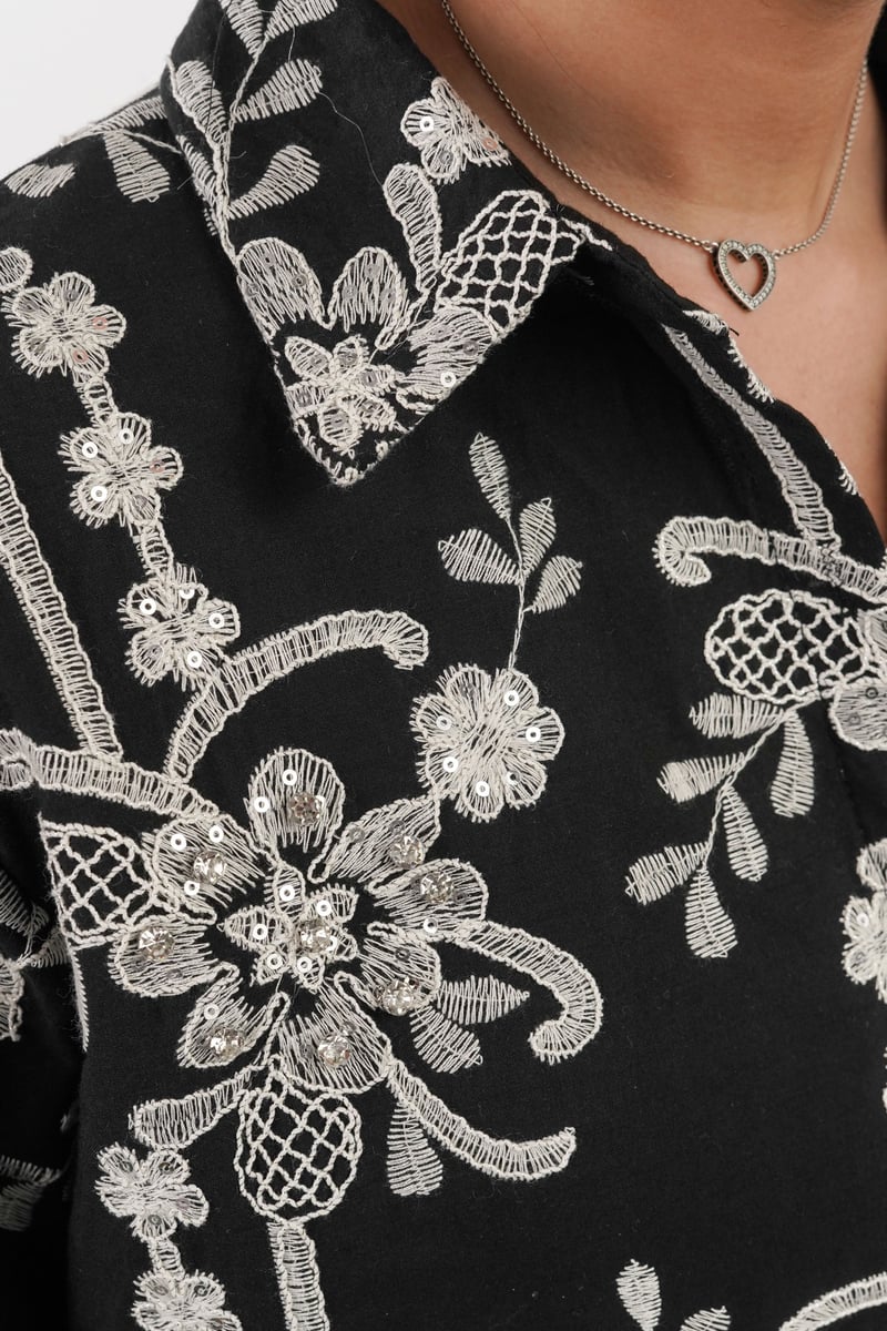 Black Embroidered and Embellished Button-Down Shirt