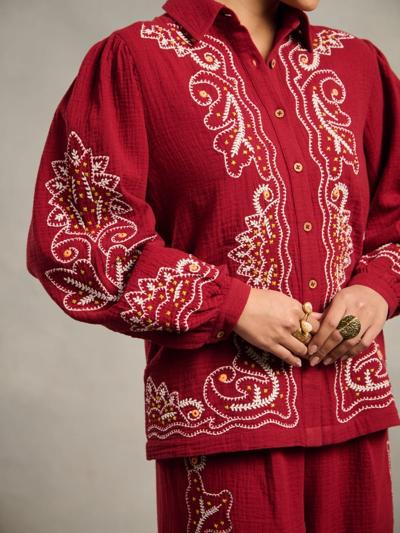 Maroon Embroidered Cotton Button-Down Shirt