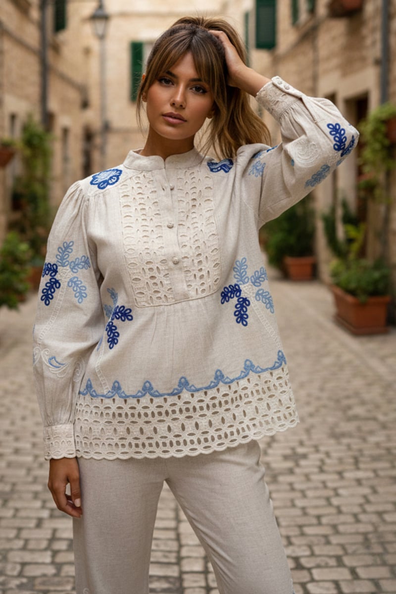 Cream Linen Embroidered Co-ord Set with Wide-Leg Pants