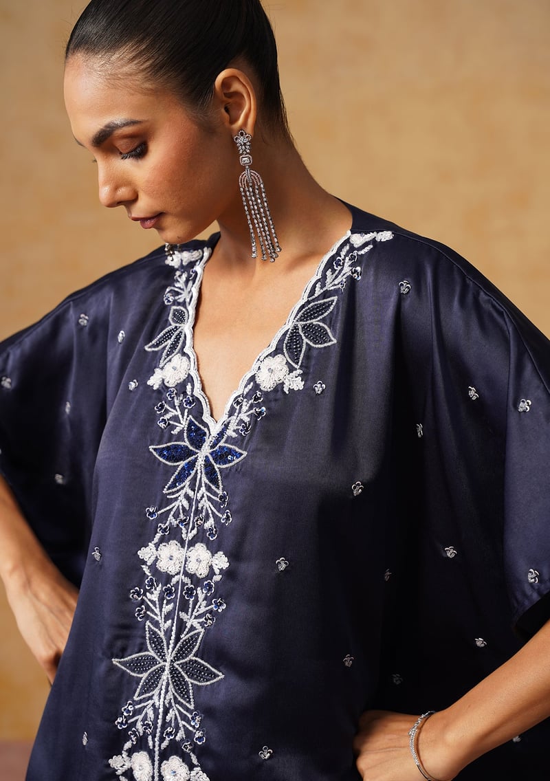 Navy Satin Embellished Kaftan Co-ord Set with Pants