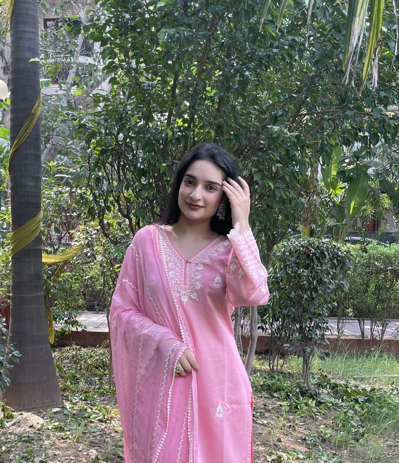 Pink Chanderi Straight Kurta Set with Thread Embroidery