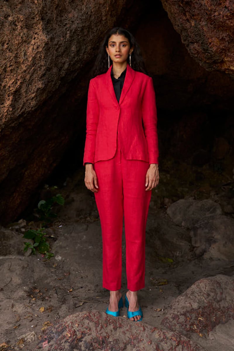 Red Linen Shawl Lapel Single-Button Tailored Blazer