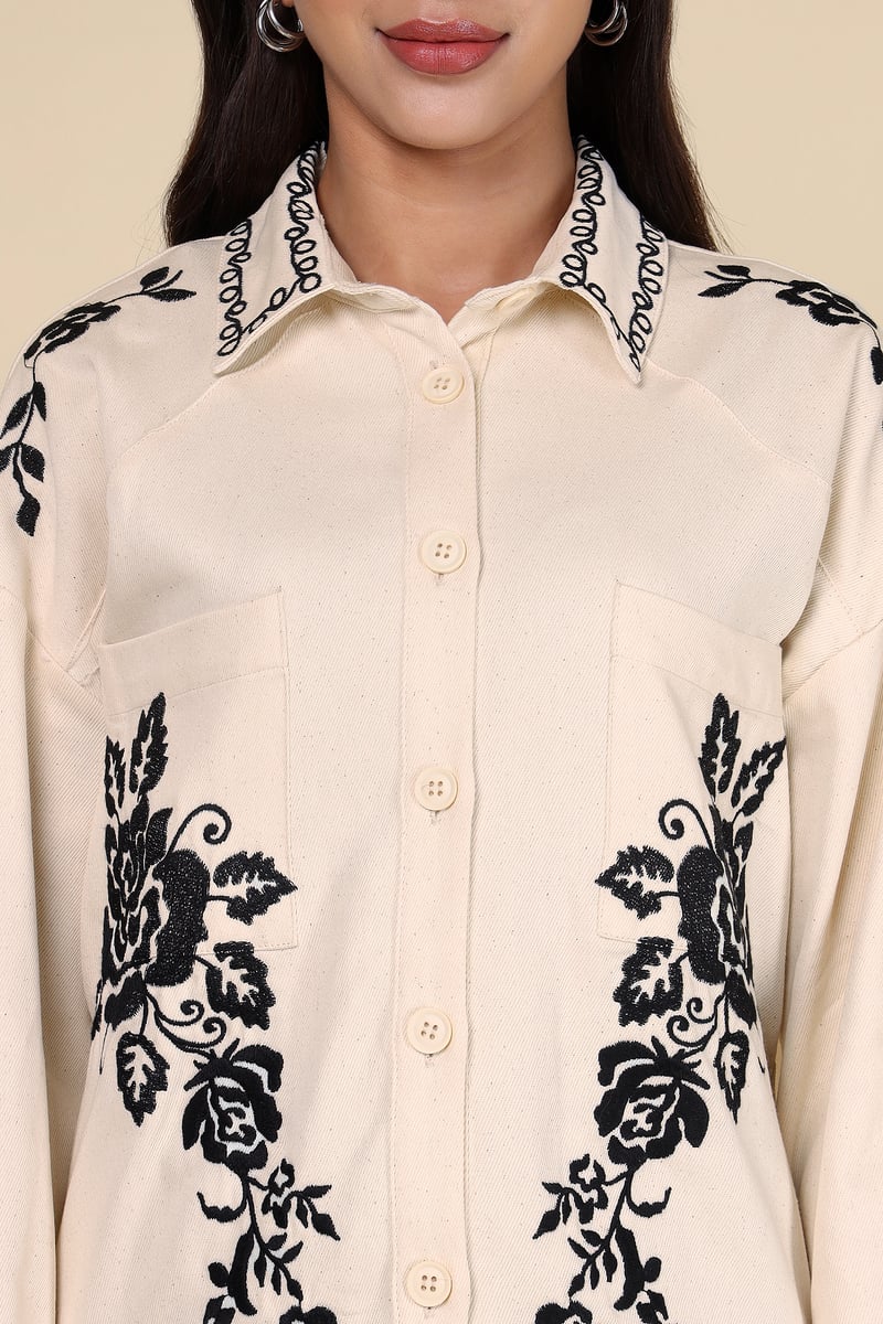 Natural Ivory Button-Down Shirt with Black Floral Motifs
