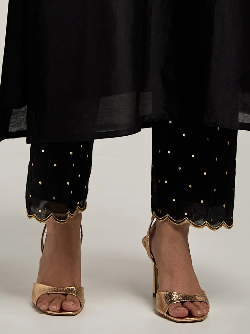 Black Silk Chanderi Embroidered Kurta Set with Pants