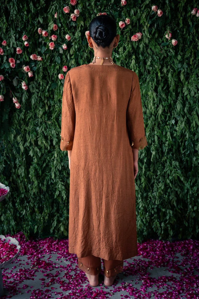 Brown Embroidered Crushed Silk Kurta Set with Dupatta