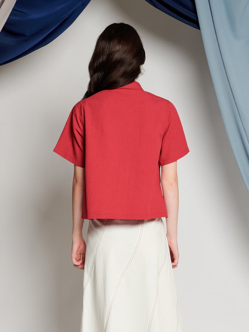 Red Textured Cotton Boxy Utility Shirt