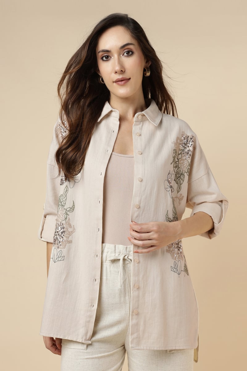 Natural Cotton Longline Embroidered Shirt — BURRASCA