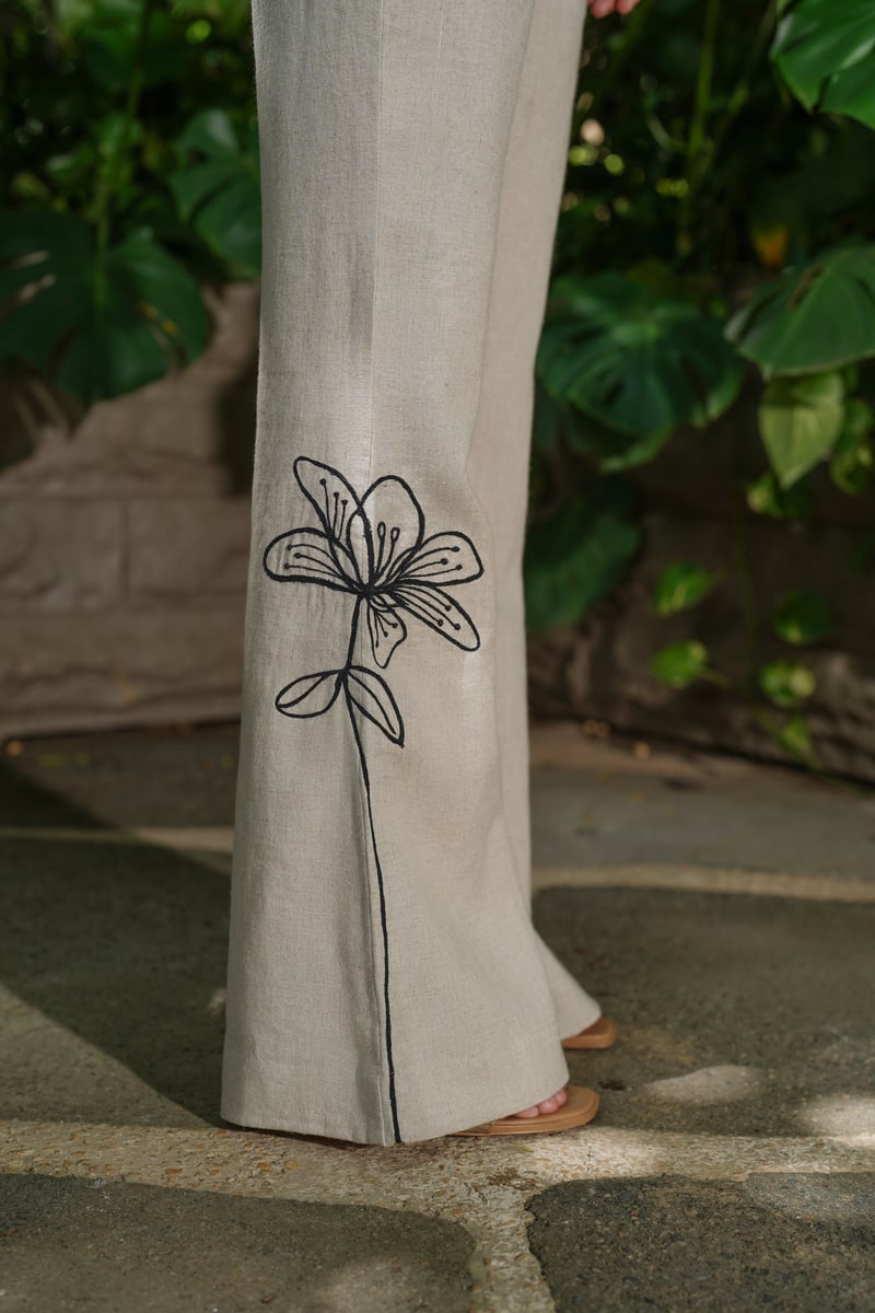 Natural Linen High-Rise Flared Trousers with Embroidery