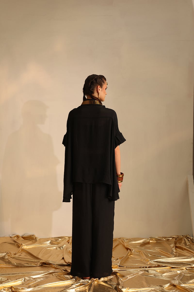 Black Poncho and Palazzo Co-ord Set with Foil Lace Trim