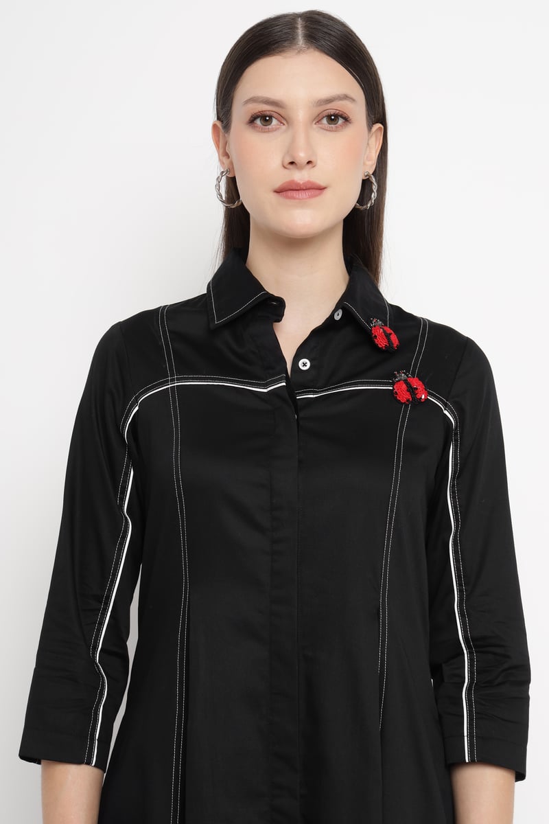 Black A-Line Midi Shirt Dress with Grey Colorblock Hem