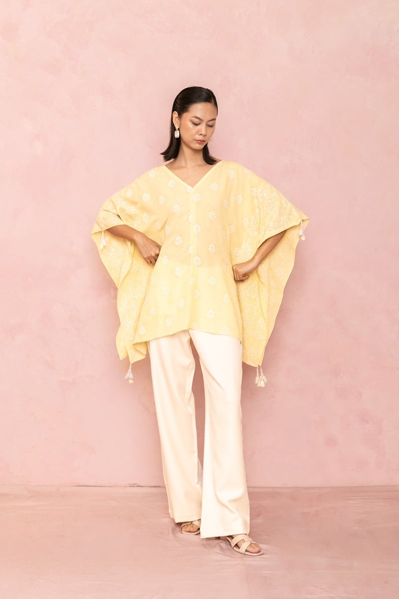 Lemon Yellow Linen Embroidered V-Neck Kaftan Top — LABEL NAARITI
