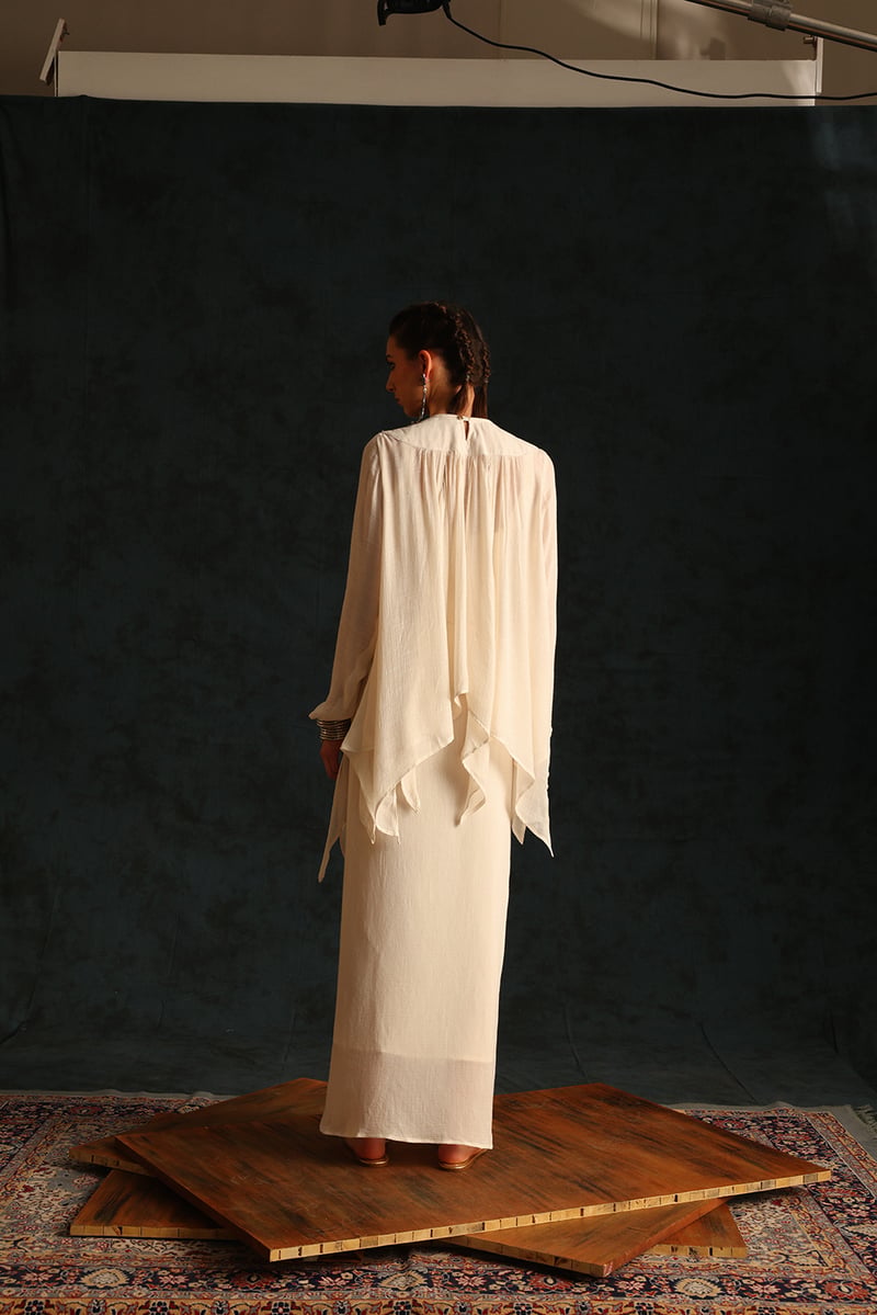Off White Embellished Yoke Top and Draped Skirt Co-ord Set