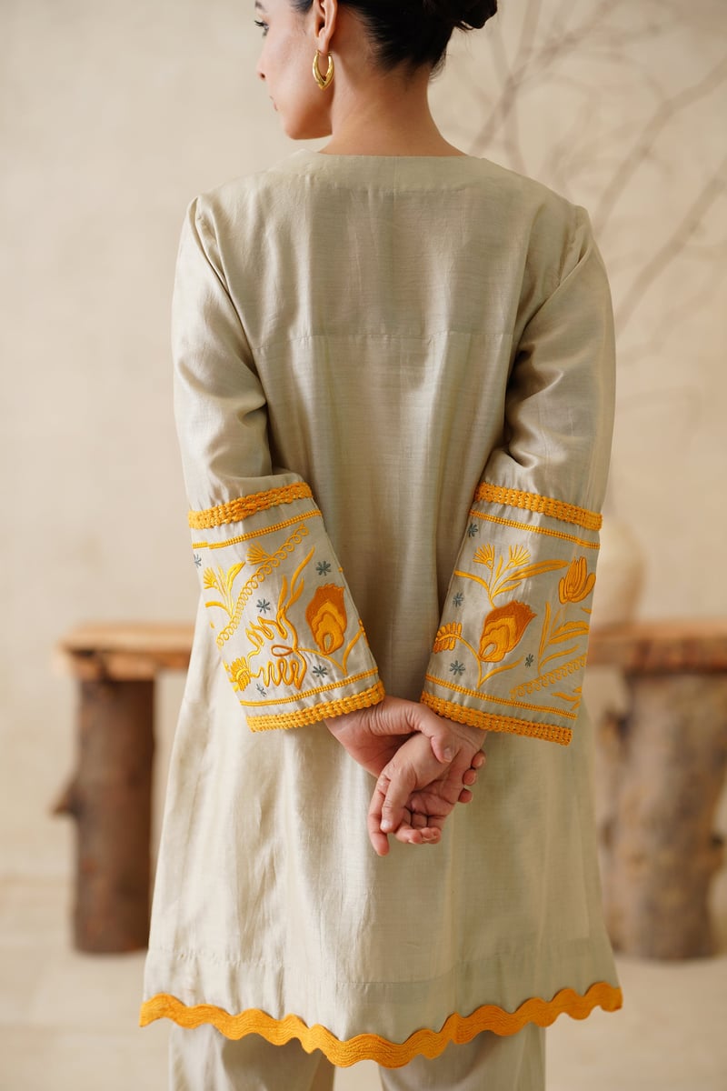 Beige Chanderi Embroidered Kurta Co-ord Set