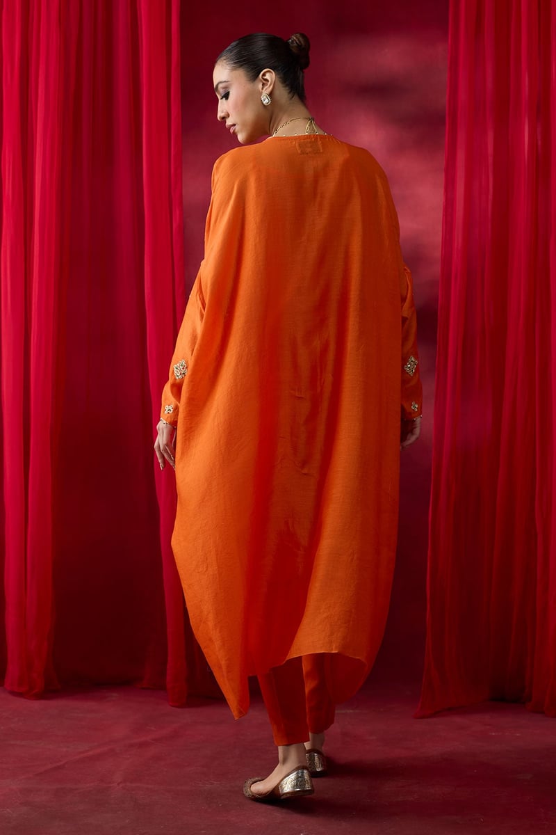 Orange Silk Chanderi Embroidered Kaftan Set