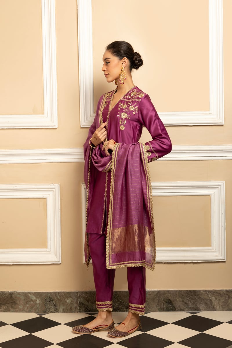 Zahra Silk Chanderi Handcrafted Kurta Set