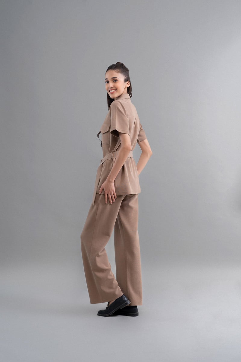 Brown Mini Waffle Straight-Leg Pull-On Pants