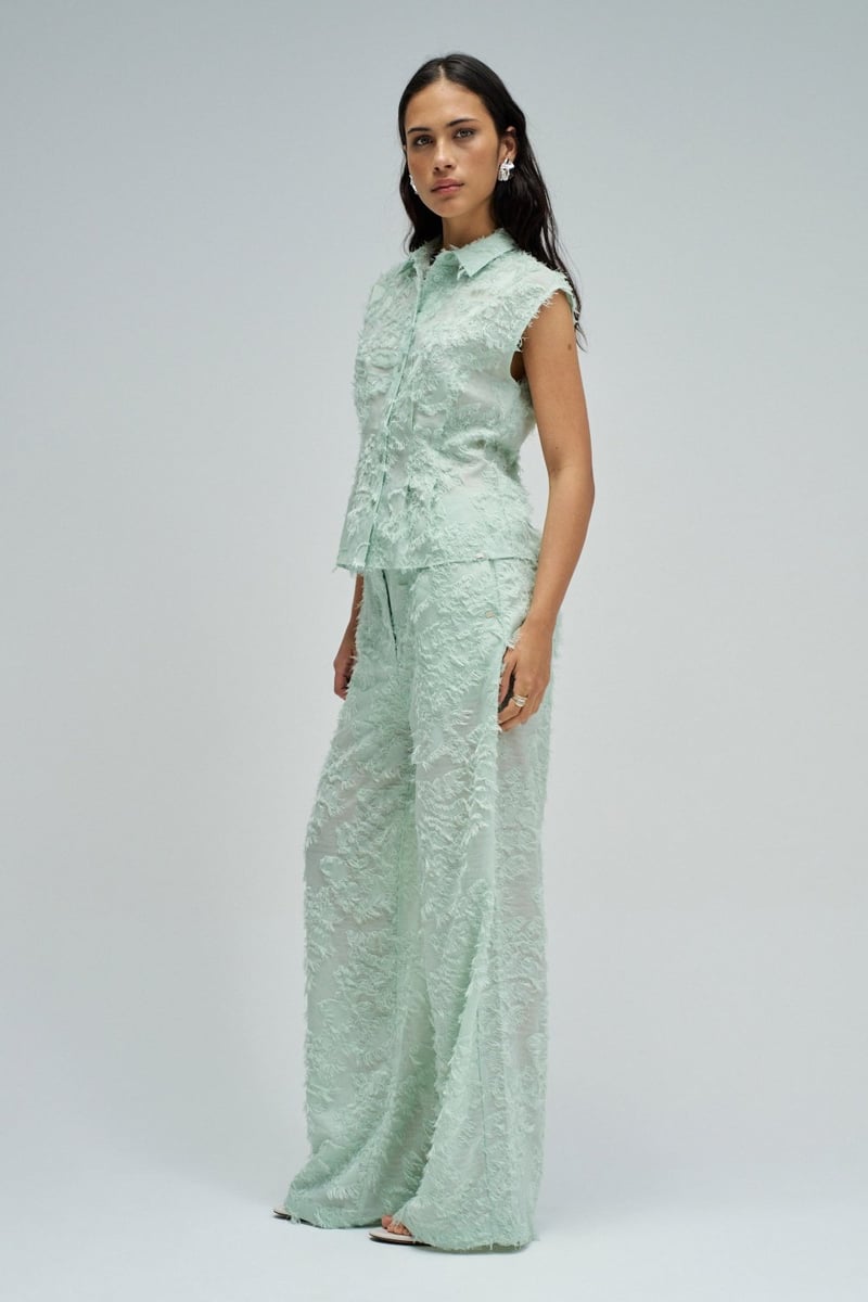 Light Green Textured Sleeveless Button-Down Shirt