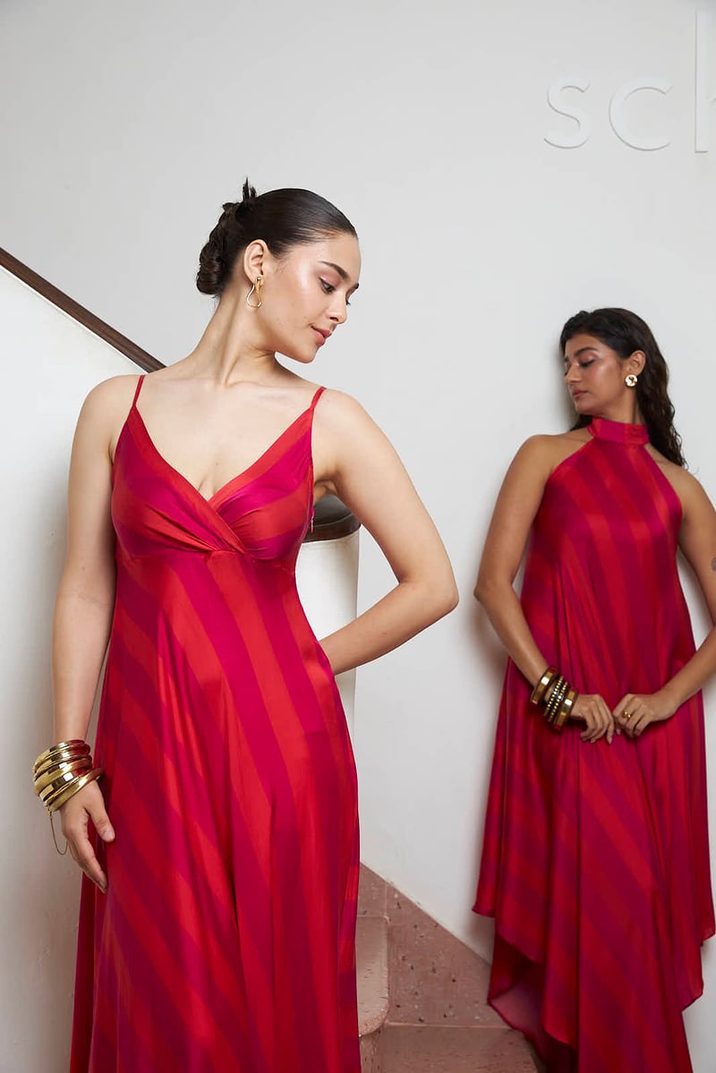 Pink/Red Striped Satin Maxi Dress
