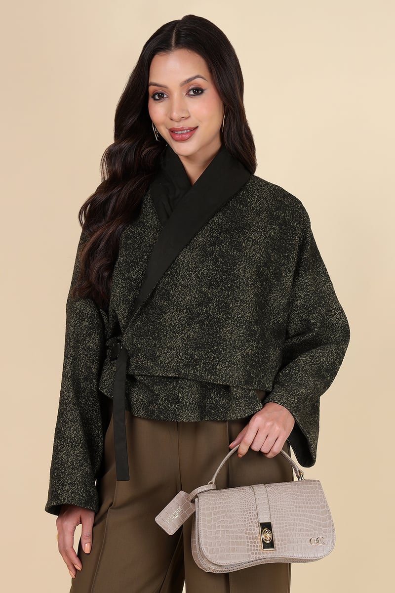 Black/Khakhi Cropped Wrap Jacket with Tie Belt