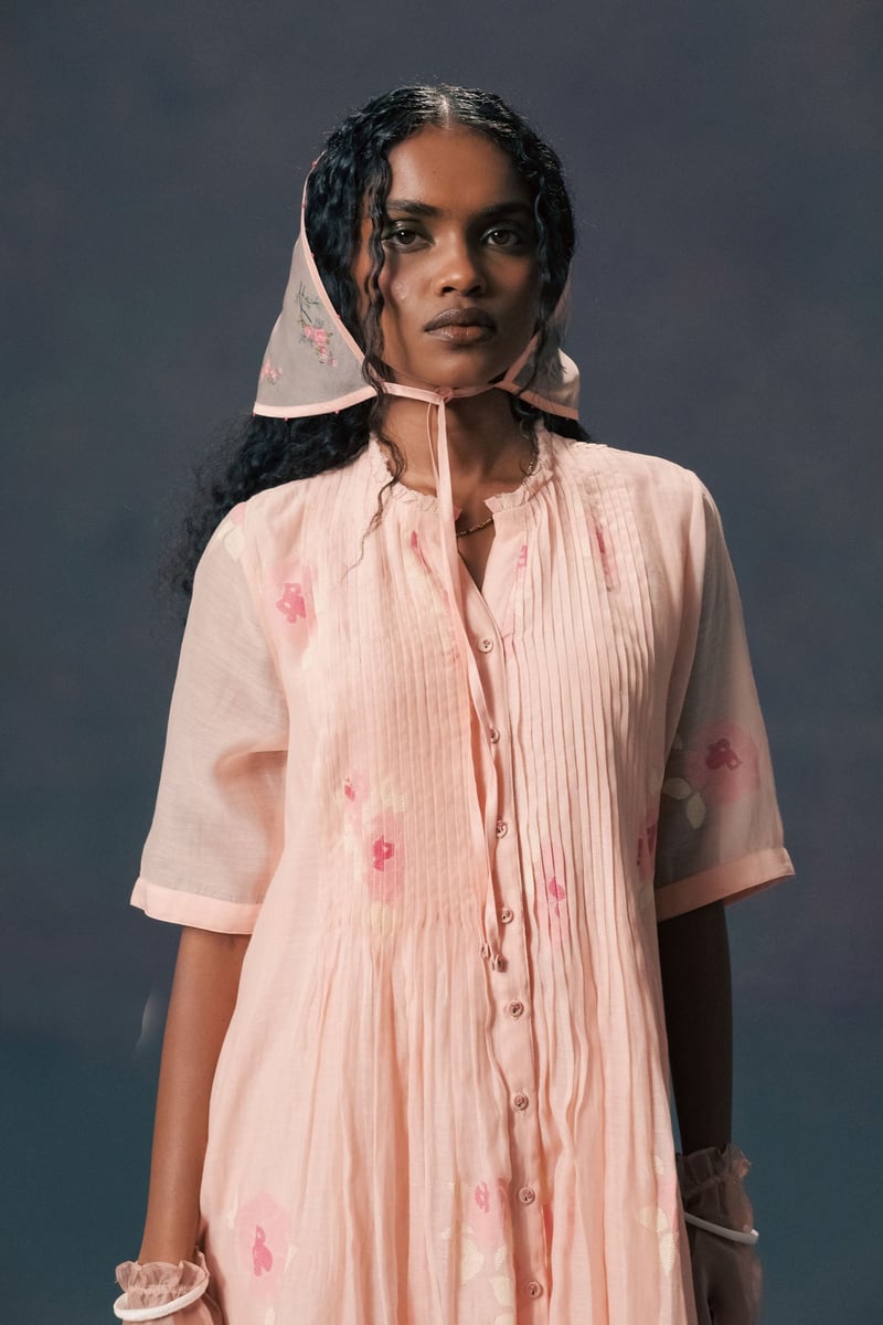Old Rose Front Pleated Dress In With Screen Print