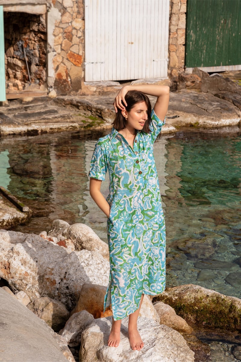 Multicolor Printed Kaftan Midi Dress with Button Front