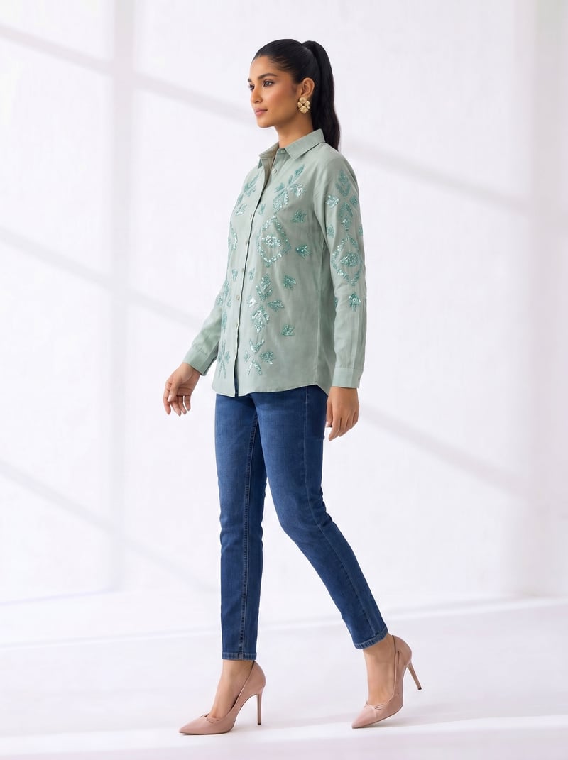 Geometric Embroidered Cotton Shirt, Mint Green