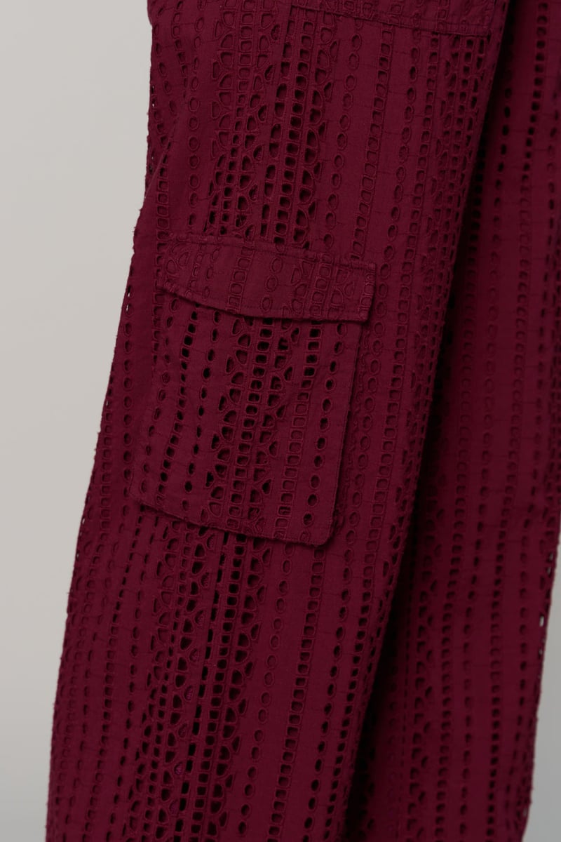 Wine Schiffli Cutwork Wide-Leg Cargo Pants