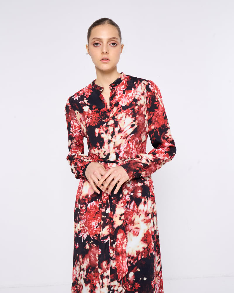 Red Floral Printed Belted Midi Shirt Dress